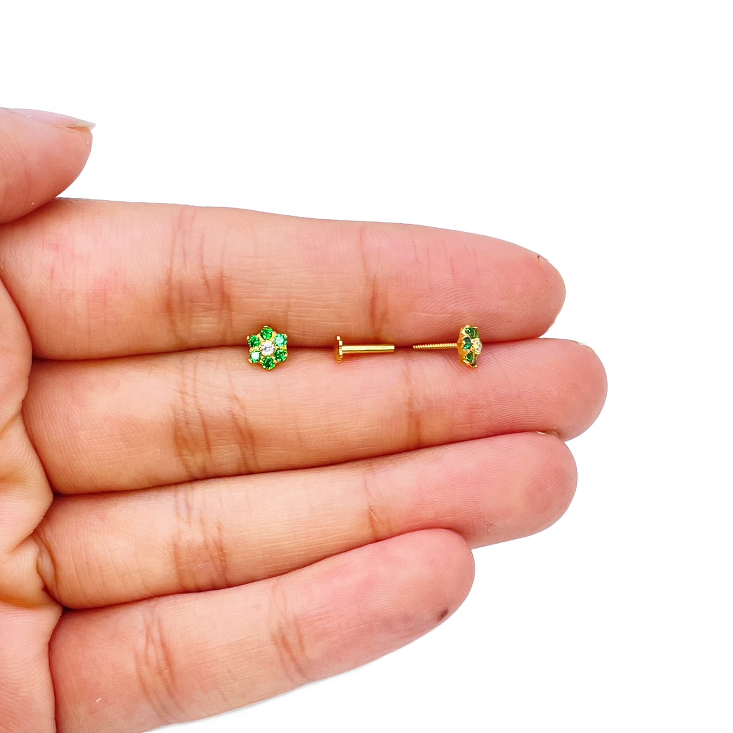 22ct Yellow Gold Children's Green & White Cubic Zirconia Floral Stud Earrings 5mm