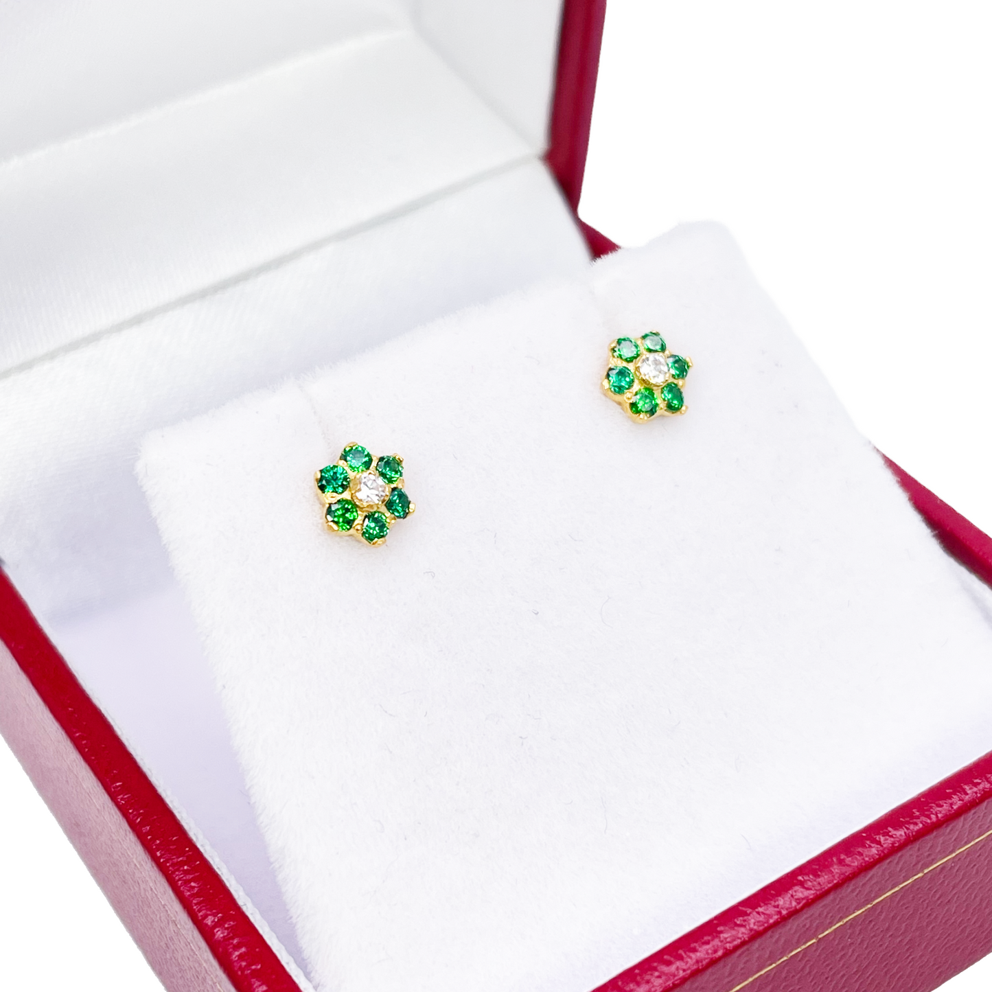 22ct Yellow Gold Children's Green & White Cubic Zirconia Floral Stud Earrings 5mm