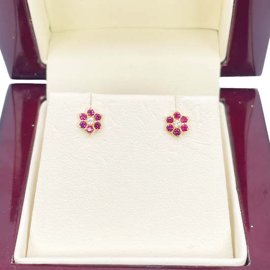22ct Yellow Gold Children's Red Cubic Zirconia Floral Stud Earrings 5mm
