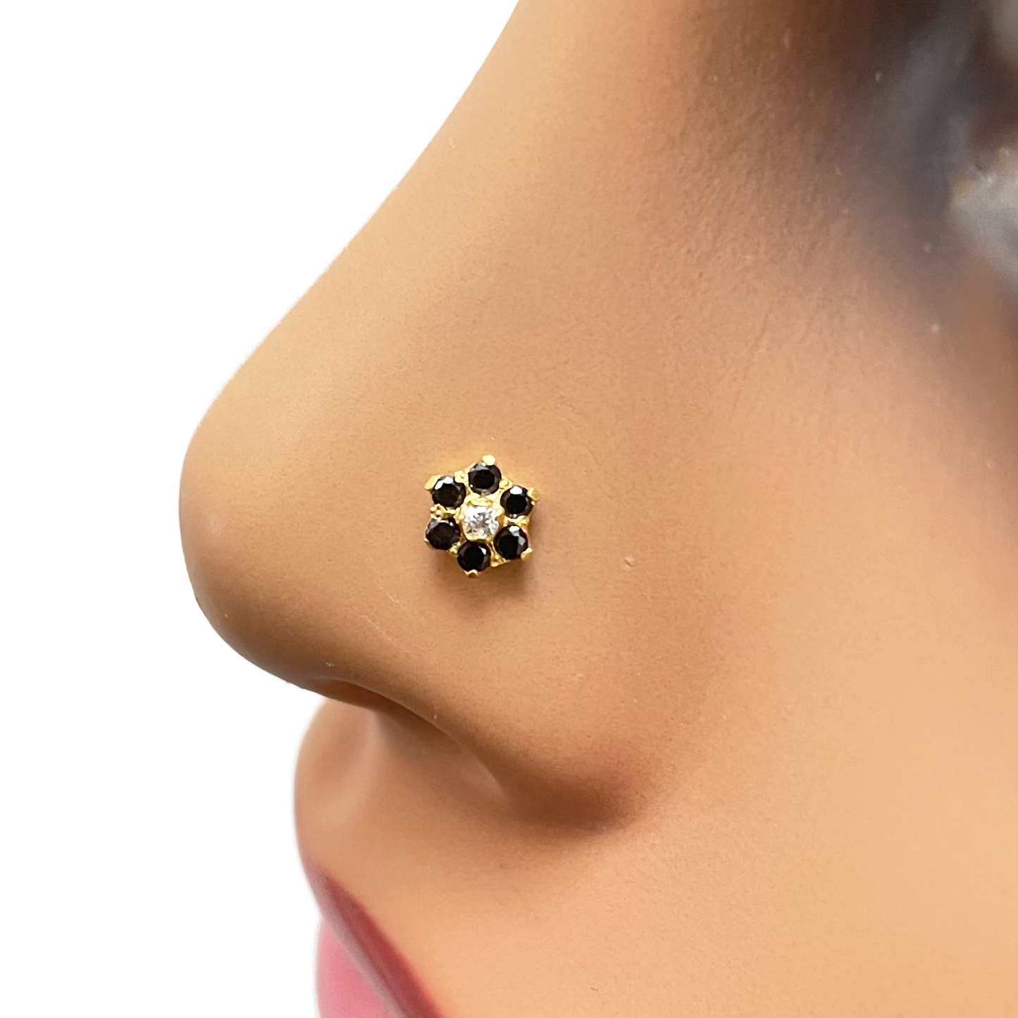 22ct Yellow Gold Floral Black Cubic Zirconia Stone Nose Pin/Stud 5mm Width