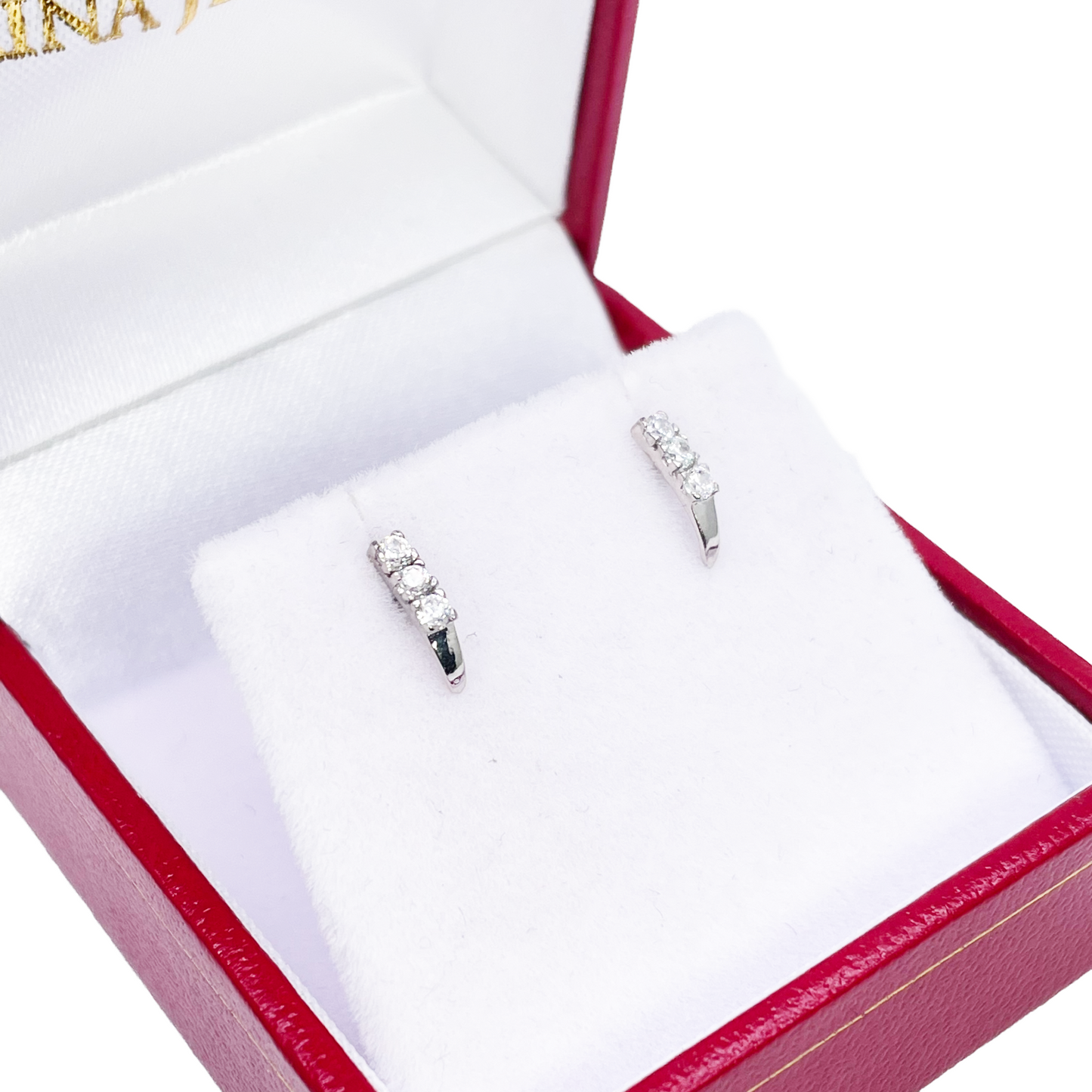 18ct White Gold High Polished 3 Stone Cubic Zirconia Children's Earrings 8mm Length 