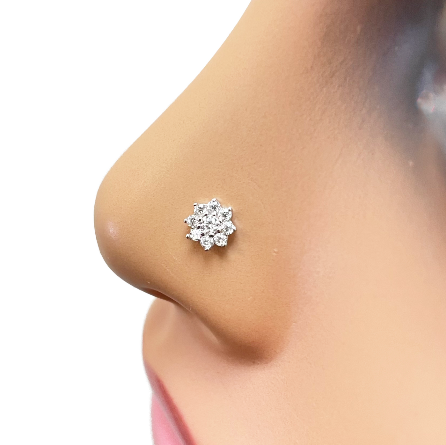 18ct White Gold  Beautiful Eight Petal Cubic Zirconia Floral Nose Stud/Pin 5.5mm Width