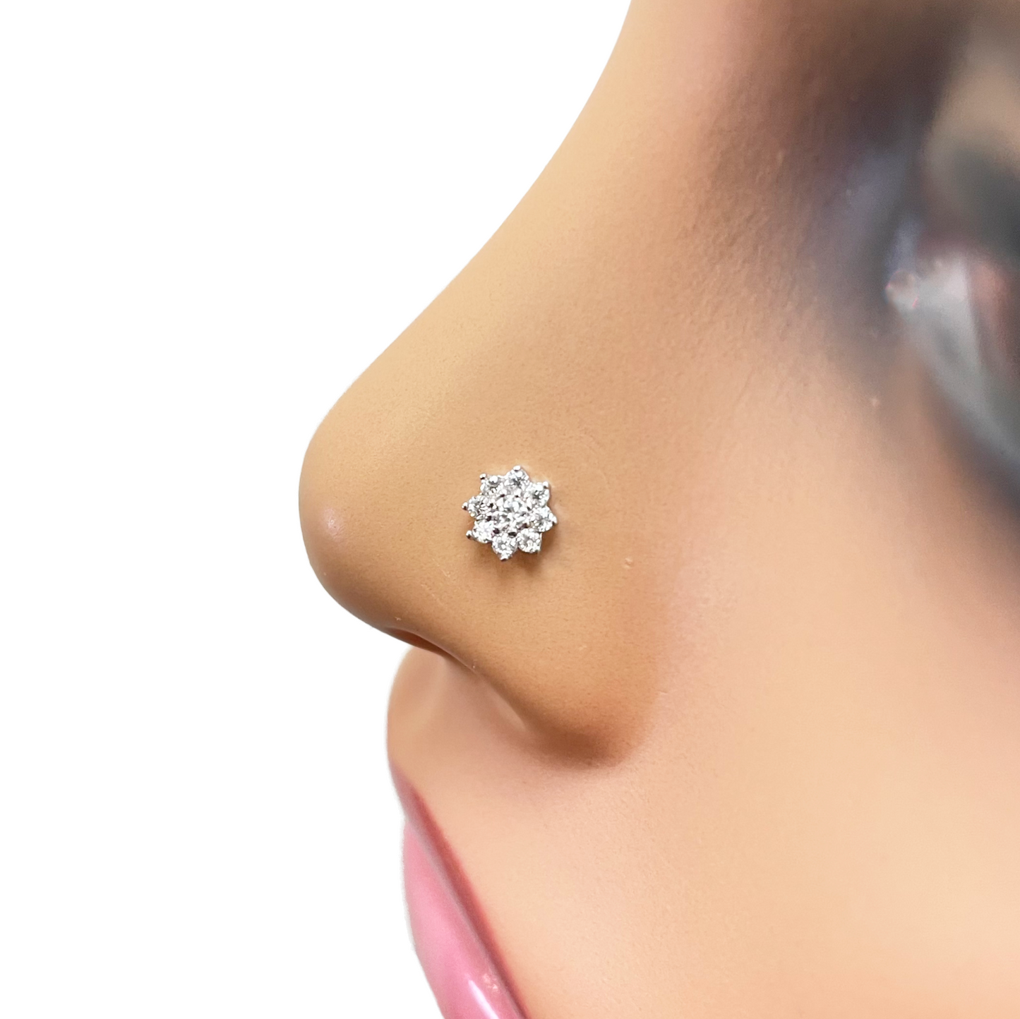 18ct White Gold  Beautiful Eight Petal Cubic Zirconia Floral Nose Stud/Pin 5.5mm Width