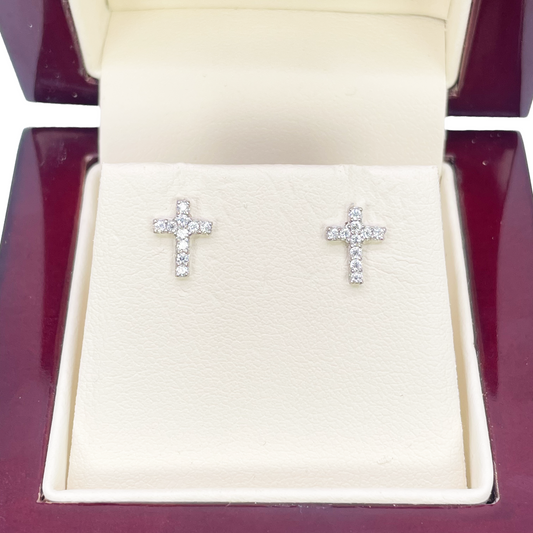 18ct White Gold Cubic  Zirconia Tiny Cross Children's Earrings 8mm Length 