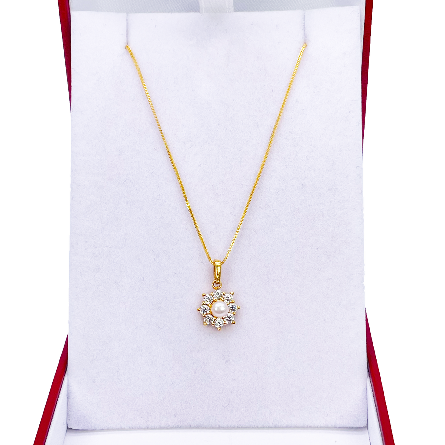 22ct Yellow Gold Round Freshwater Pearl Halo Pendant & Chain Set