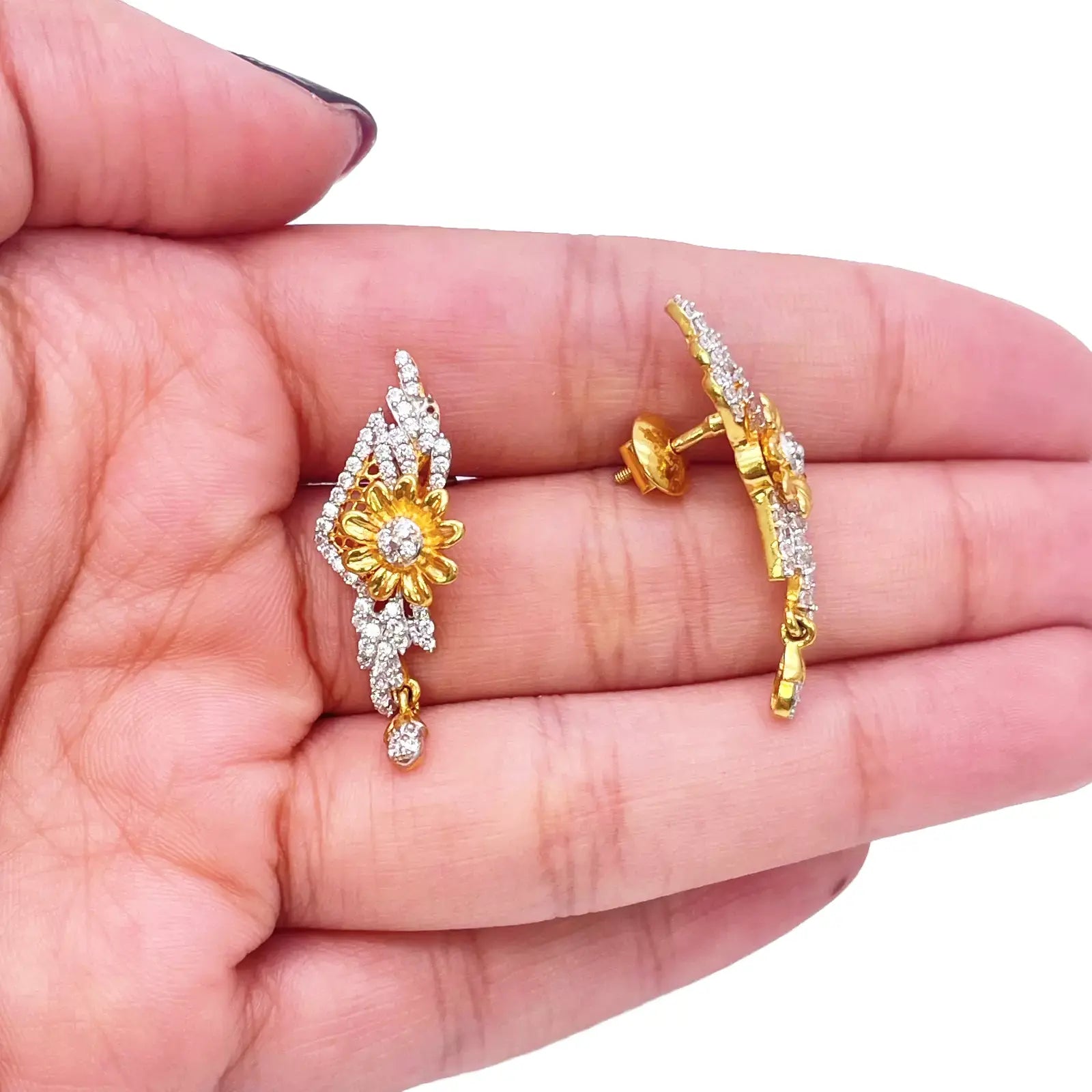 22ct Yellow Gold Flower Design Ladies Stud Drop Earrings 31mm Length 