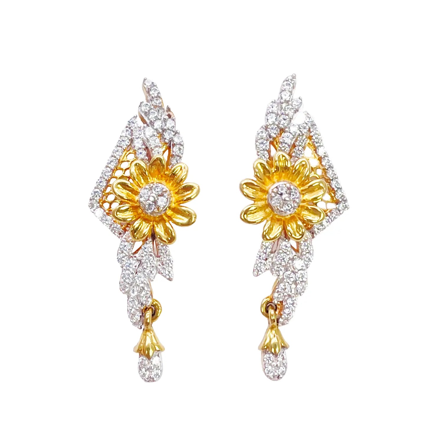 22ct Yellow Gold Flower Design Ladies Stud Drop Earrings 31mm Length 