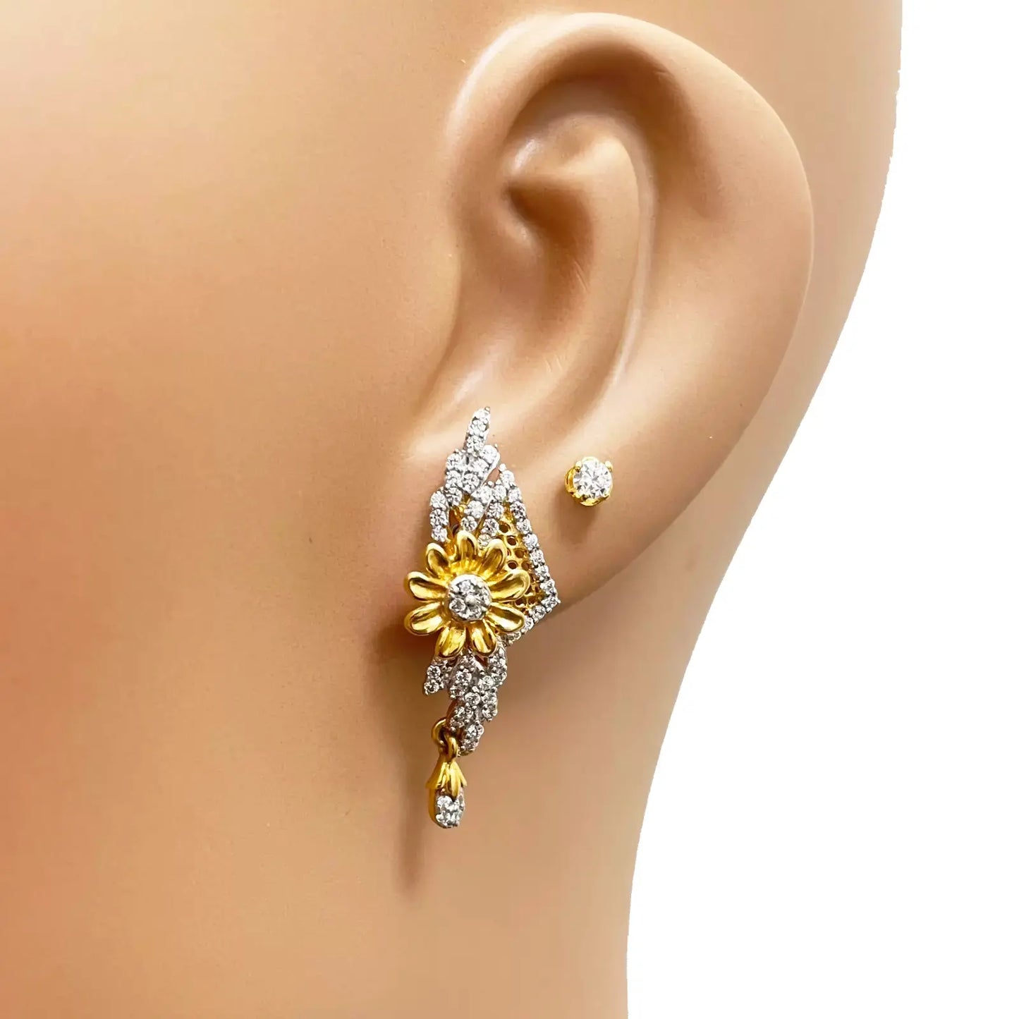 22ct Yellow Gold Flower Design Ladies Stud Drop Earrings 31mm Length 