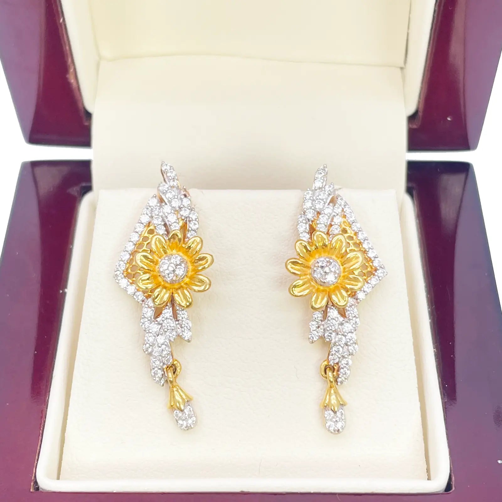 22ct Yellow Gold Flower Design Ladies Stud Drop Earrings 31mm Length 