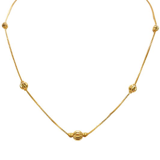 22ct Yellow Gold Shiny Diamond Cut Five Gold Ball Beaded Necklace 19 Inches 