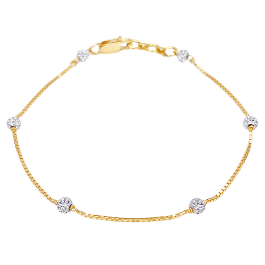 22ct Yellow Gold Six Beaded Two-Tone Diamond Cut Box Chain Bracelet 7 Inches