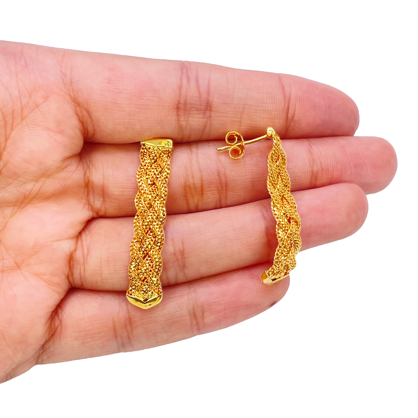 22ct Gold Filigree Earrings Braided Drop Studs 38x6.5mm 