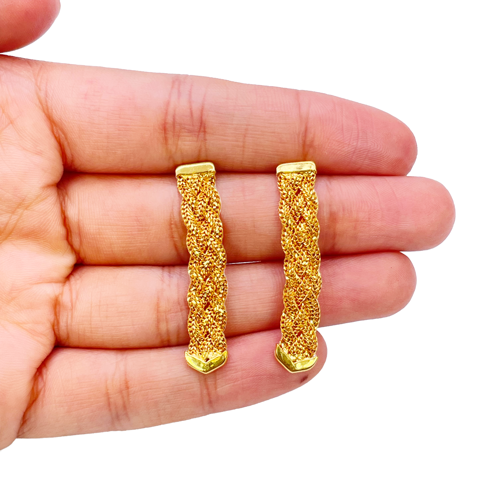 22ct Gold Filigree Earrings Braided Drop Studs 38x6.5mm 