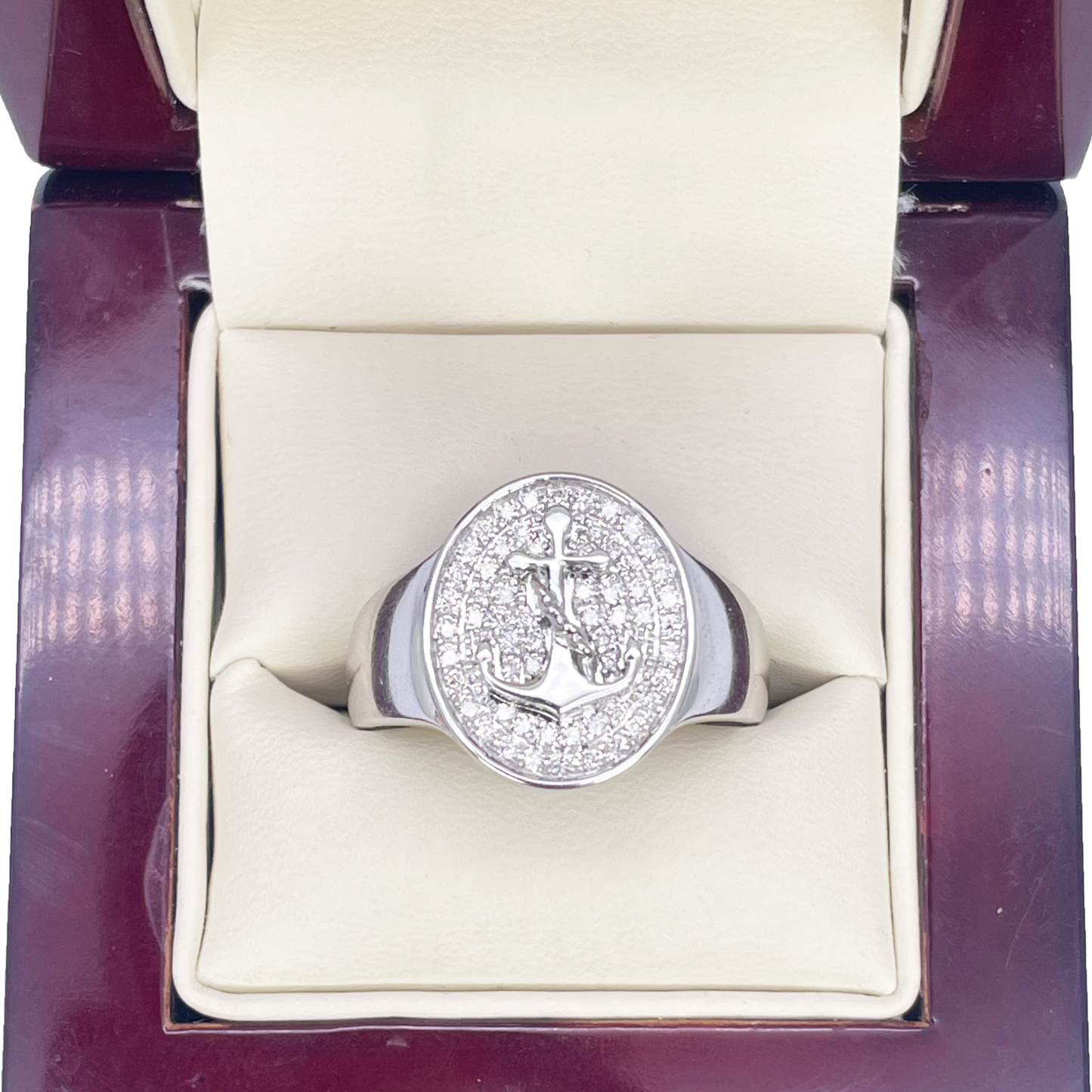 14ct White Gold Diamond Anchor Sailor Cluster Signet Ring 0.37ct