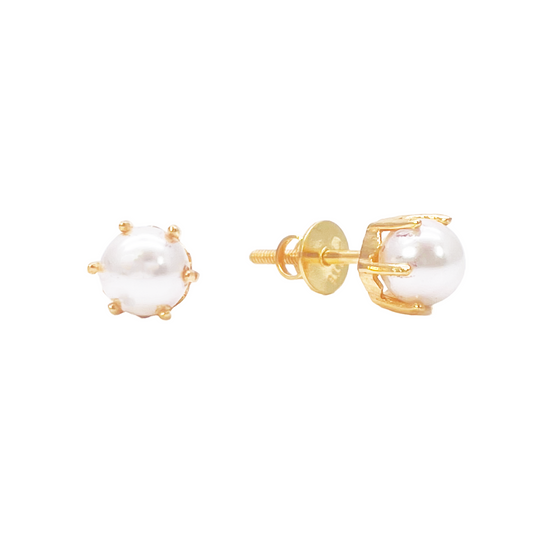 22ct Yellow Gold Six Claw Elegant Round Pearl Stud Earrings 5.5mm 