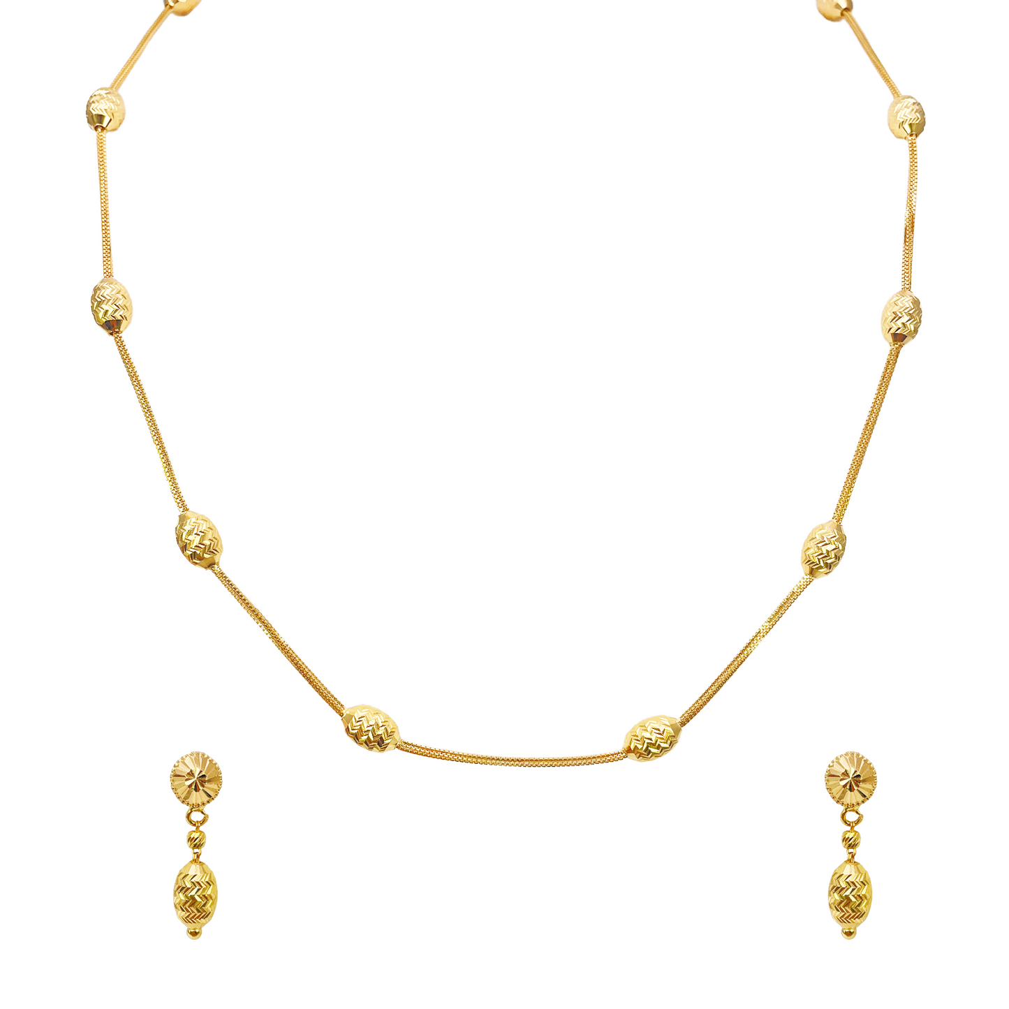 22ct Yellow Gold Diamond Cut Beaded Slip-On Necklace & Matching Drop Earrings