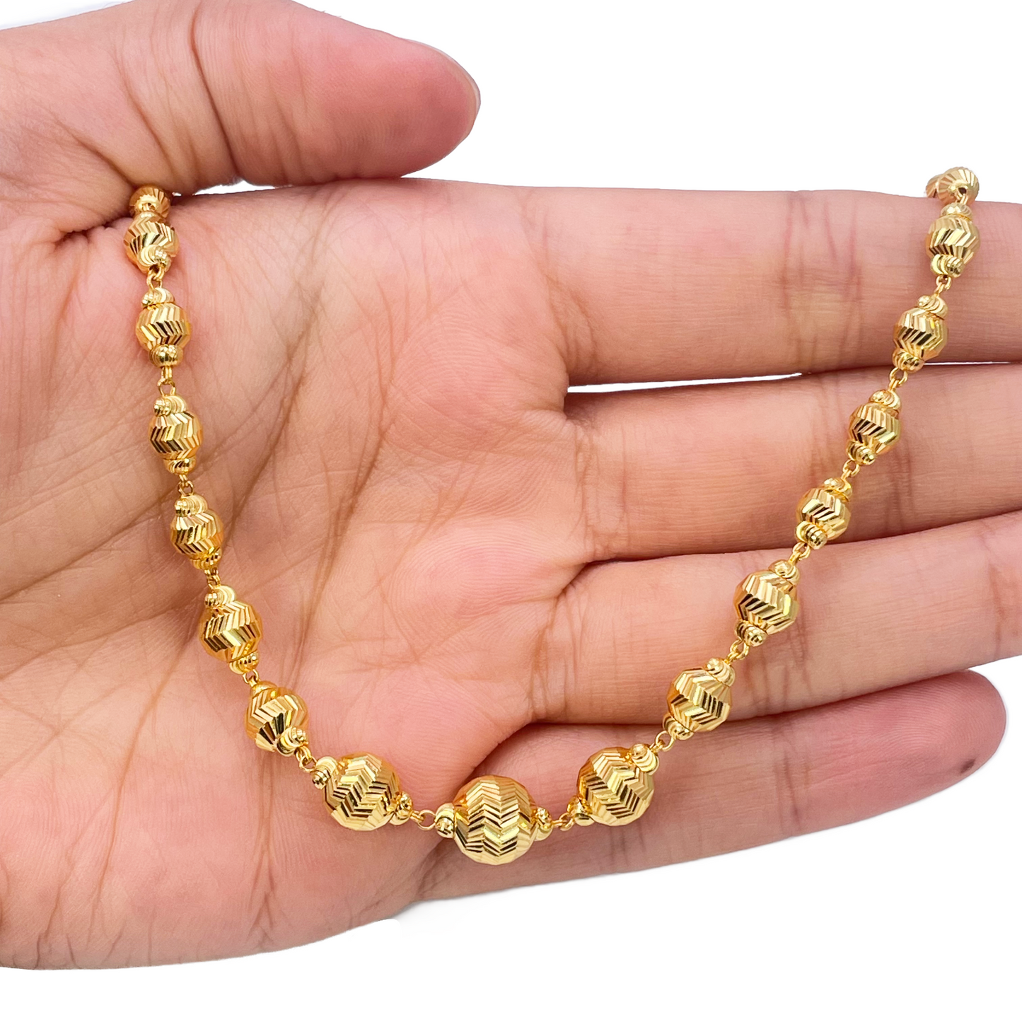 22ct Yellow Gold Diamond Cut Graduated Beaded Slip-On Necklace & Drop Earrings 