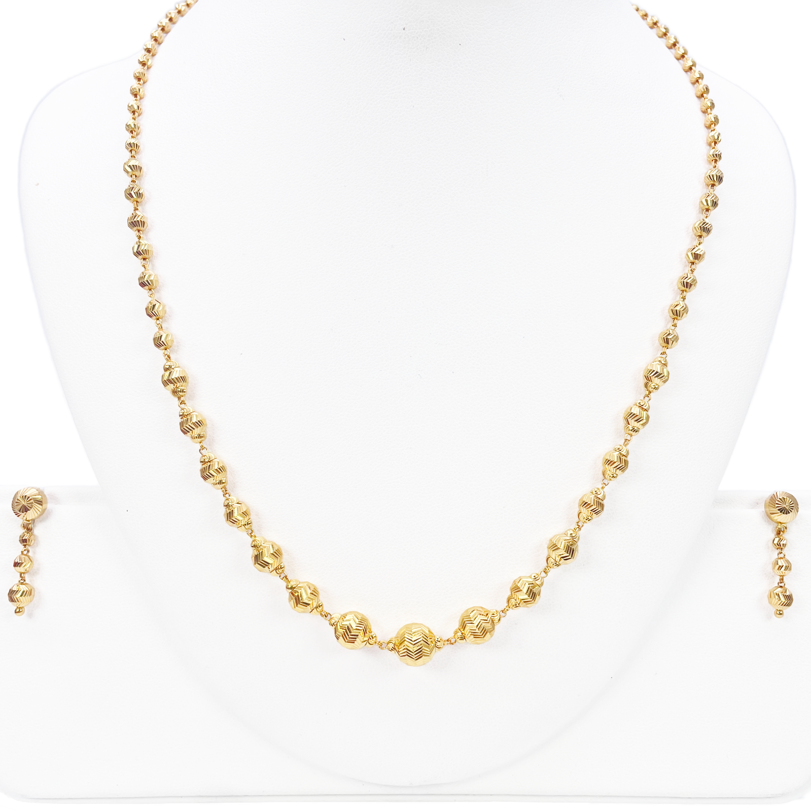 22ct Yellow Gold Diamond Cut Graduated Beaded Slip-On Necklace & Drop Earrings 