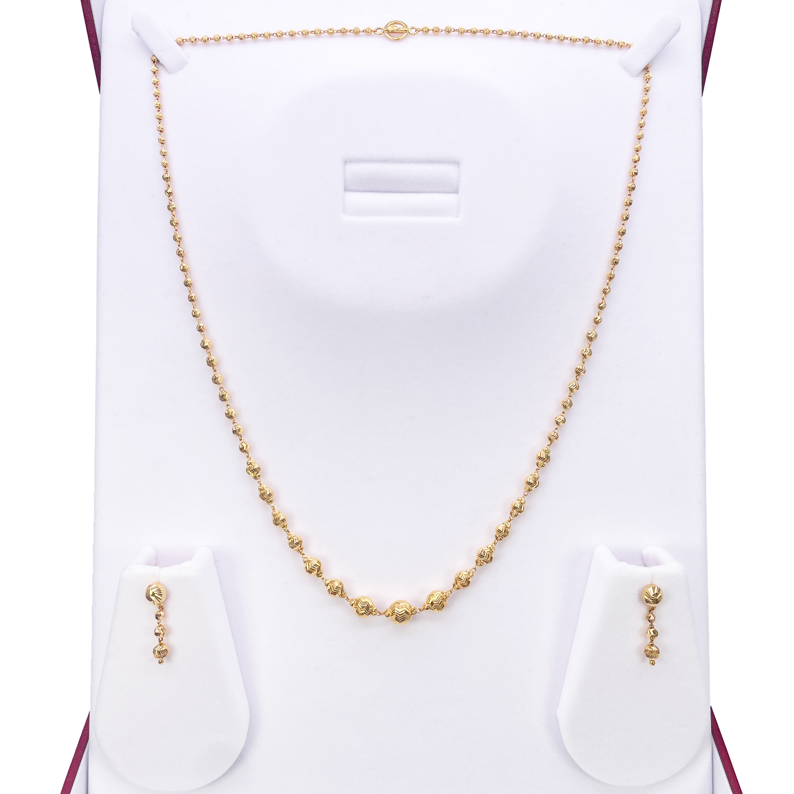 22ct Yellow Gold Diamond Cut Graduated Beaded Slip-On Necklace & Drop Earrings 