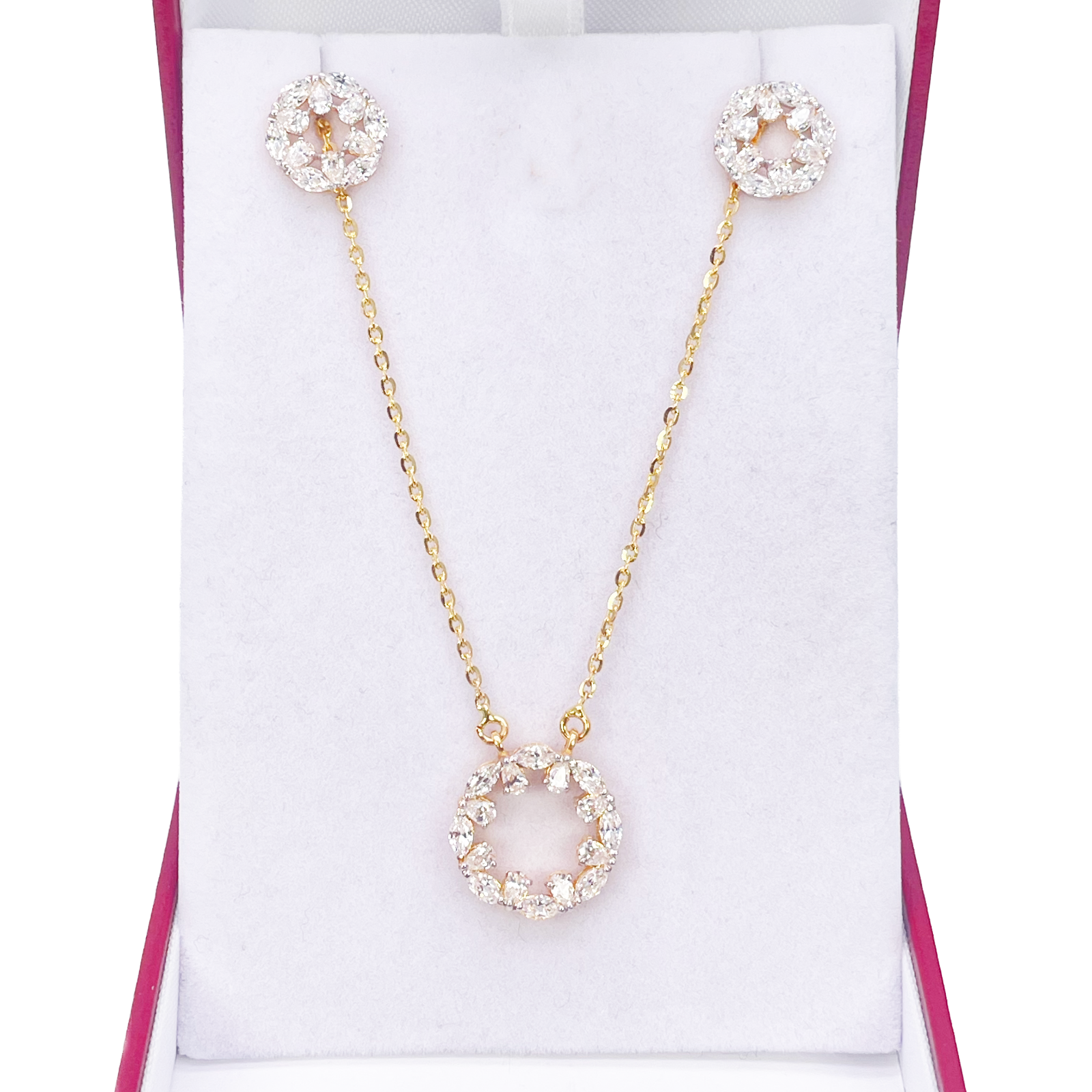 22ct Yellow Gold Ladies Sparkly Cubic Zirconia 17.5 Inch Necklace & Stud Earrings Set 
