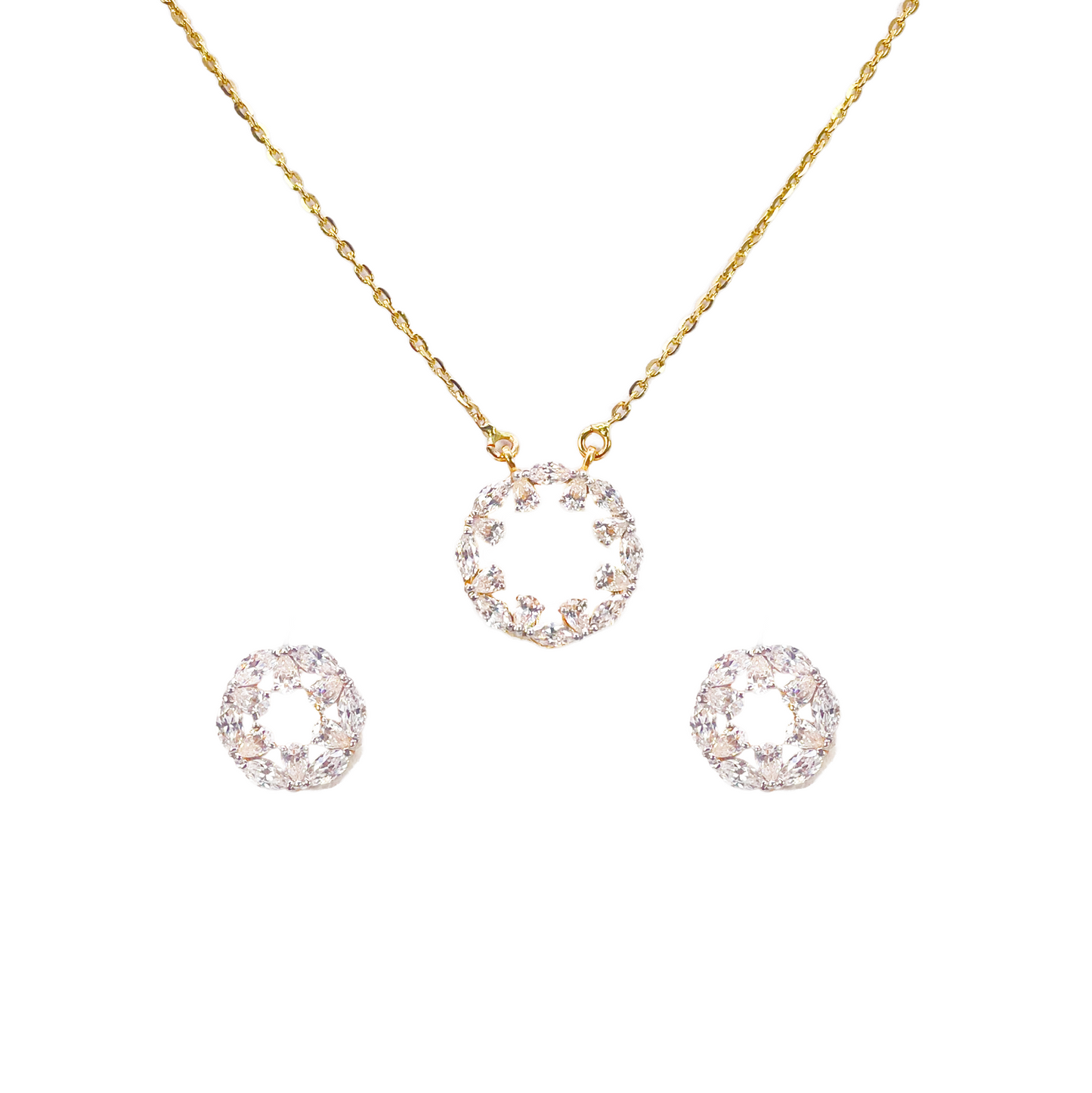 22ct Yellow Gold Ladies Sparkly Cubic Zirconia 17.5 Inch Necklace & Stud Earrings Set 