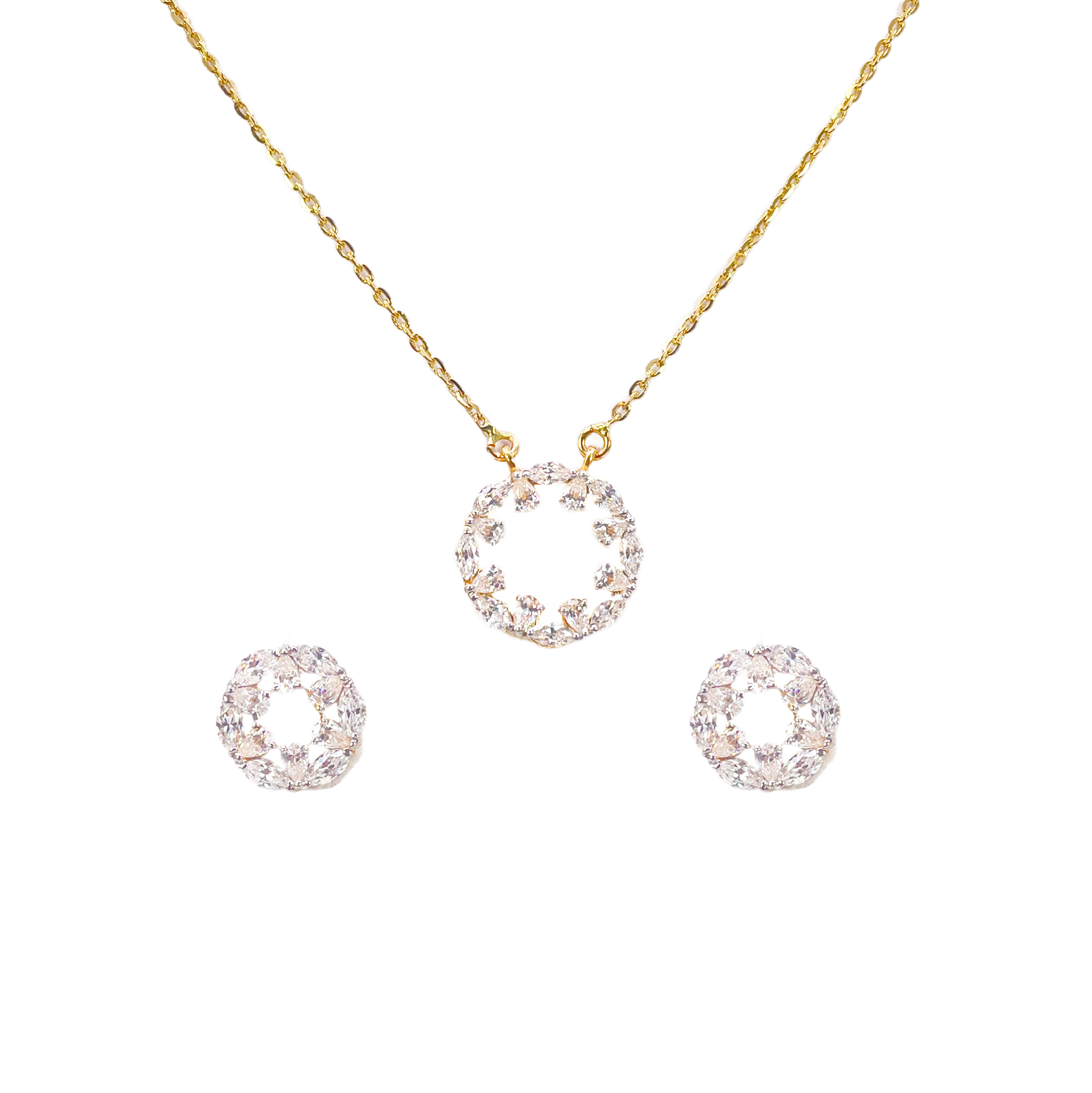 22ct Yellow Gold Ladies Sparkly Cubic Zirconia 17.5 Inch Necklace & Stud Earrings Set 