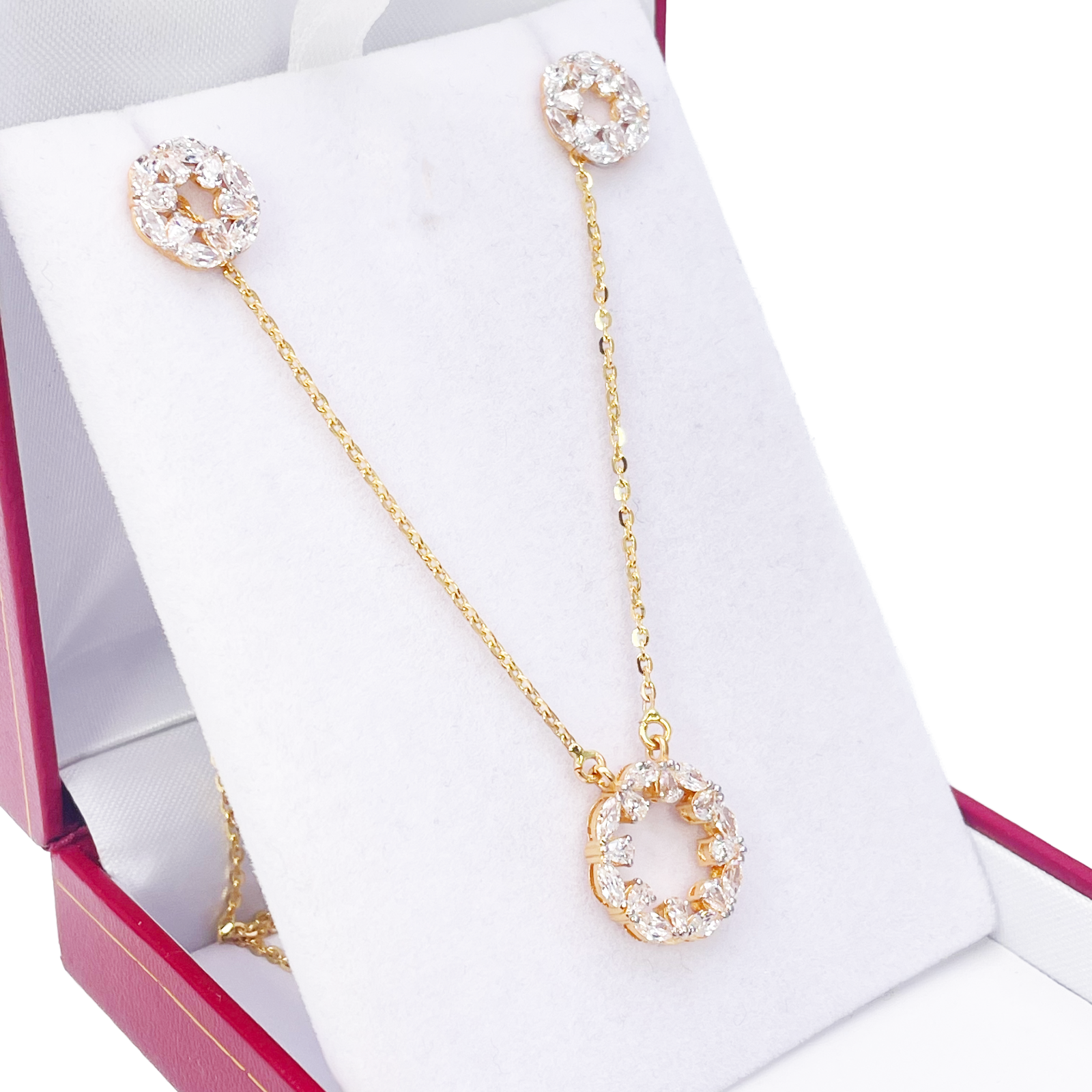 22ct Yellow Gold Ladies Sparkly Cubic Zirconia 17.5 Inch Necklace & Stud Earrings Set 