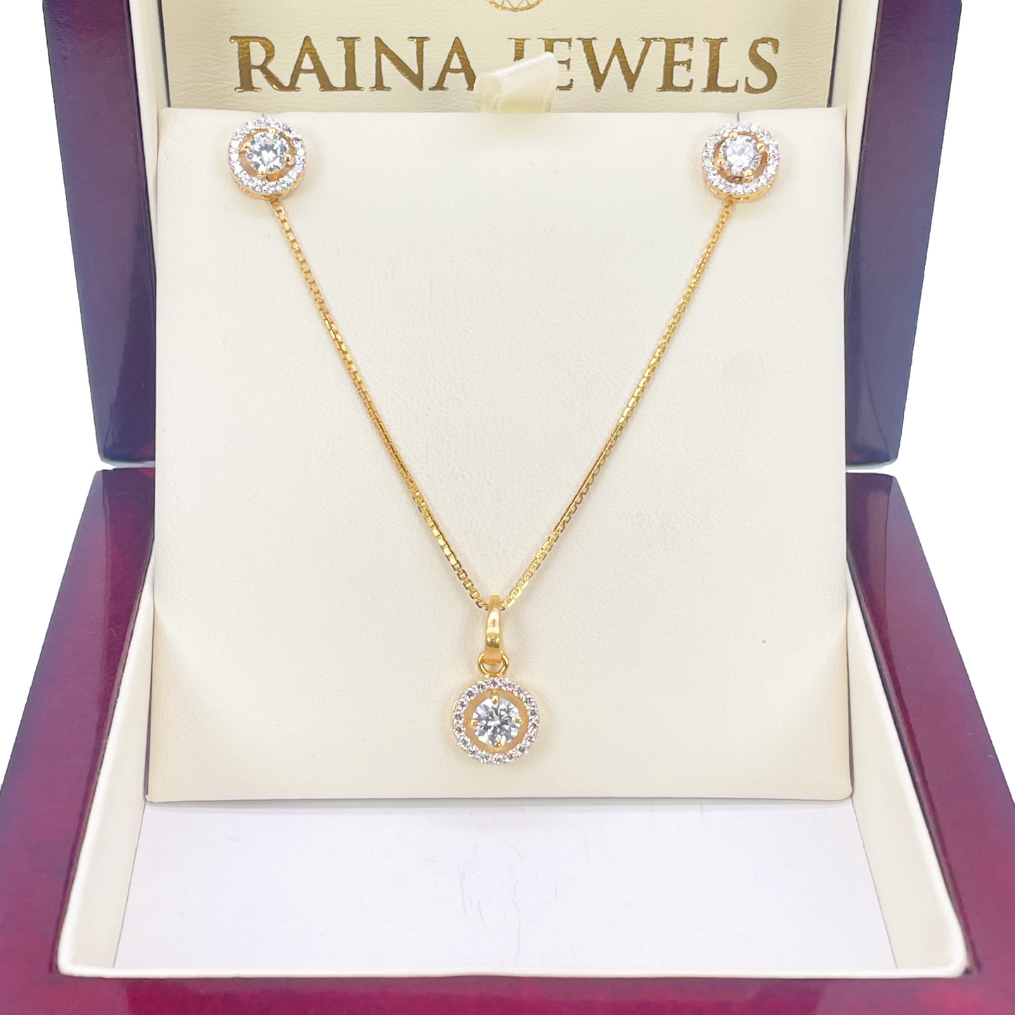 22ct Yellow Gold Sparkly Cubic Zirconia Halo 17.5 Inch Necklace, Pendant & Stud Earrings Set