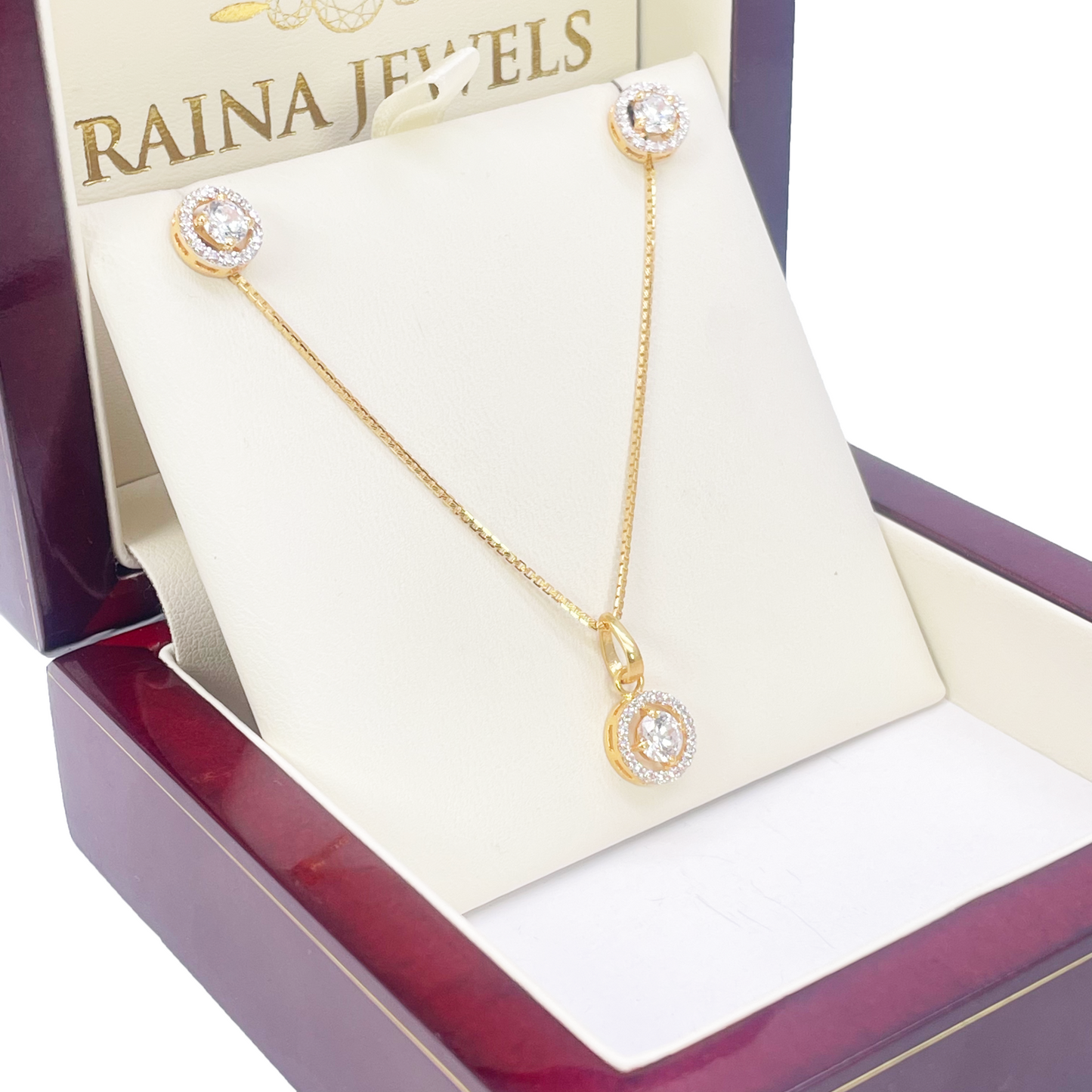 22ct Yellow Gold Sparkly Cubic Zirconia Halo 17.5 Inch Necklace, Pendant & Stud Earrings Set