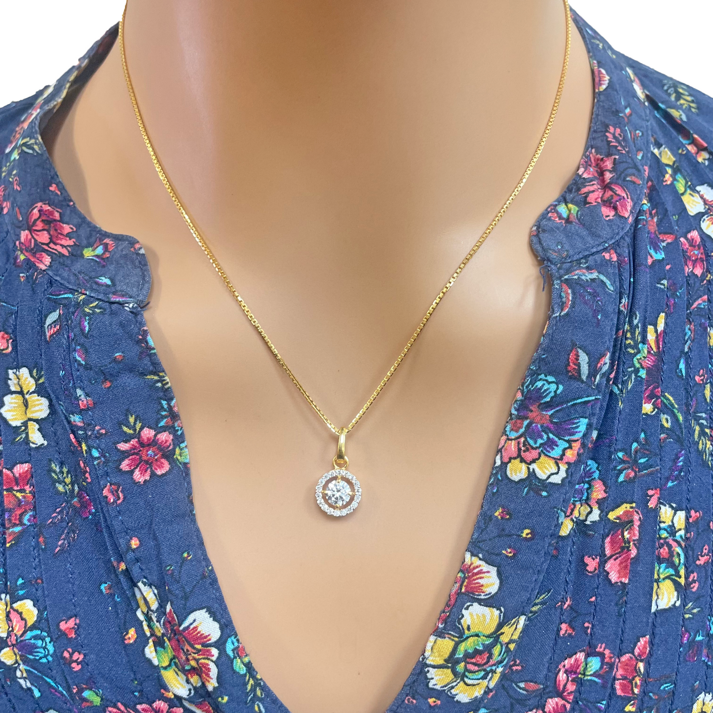 22ct Yellow Gold Sparkly Cubic Zirconia Halo 17.5 Inch Necklace, Pendant & Stud Earrings Set