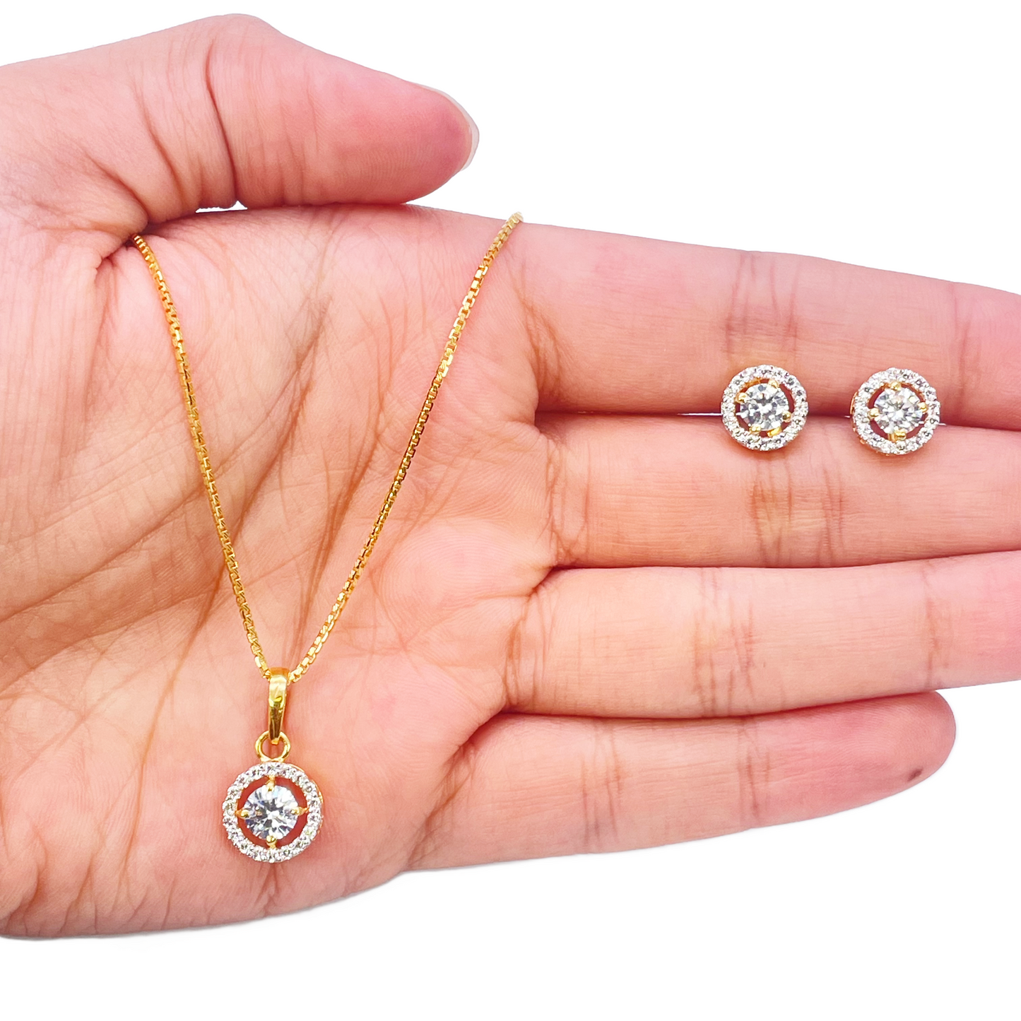 22ct Yellow Gold Sparkly Cubic Zirconia Halo 17.5 Inch Necklace, Pendant & Stud Earrings Set