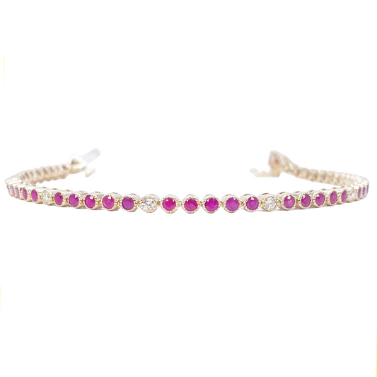 14ct Yellow Gold Natural Round Ruby Tennis Milgrain Bezel Bracelet 3.15ct 7 Inches