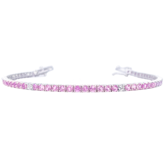 18ct White Gold Natural Round Pink Sapphire & Diamond Tennis Bracelet 4.35ct