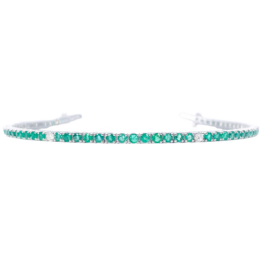 18ct White Gold Natural Round Emerald & Diamond Tennis Bracelet 3.00ct 7 Inches