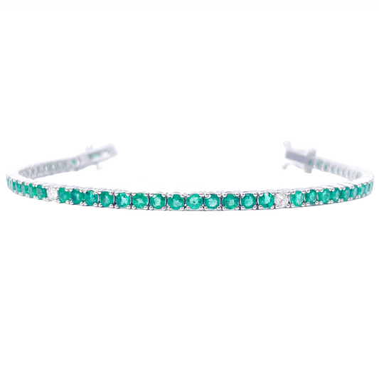 18ct White Gold Natural Round Emerald & Diamond Tennis Bracelet 4.15ct 7 Inches