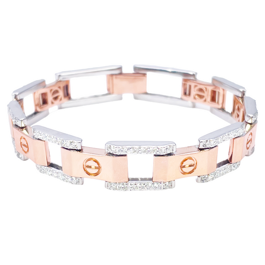 18ct Rose & White Gold Natural Diamond Screw Link Mens Bracelet 3.43ct 8' Inches