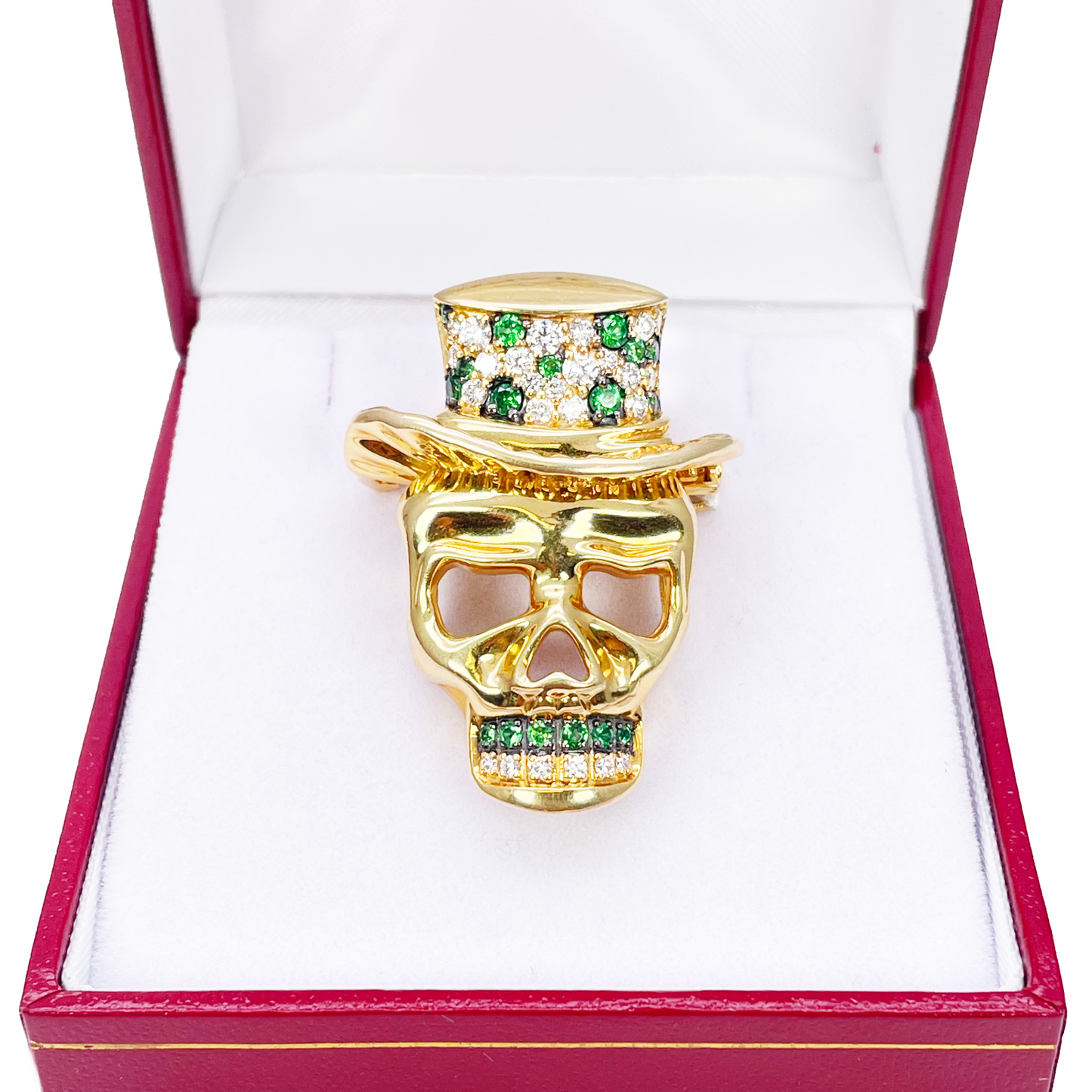 18ct Yellow Gold Natural Round Tsavorite & Diamond Skull Brooch Pin 1.16ct