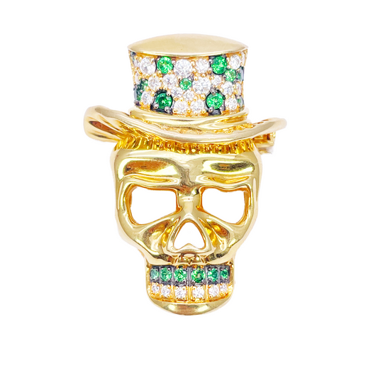 18ct Yellow Gold Natural Round Tsavorite & Diamond Skull Brooch Pin 1.16ct