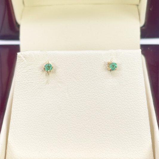 18ct Yellow Gold & Natural Round 4-Claw Emerald Children's Earrings 0.10ct
