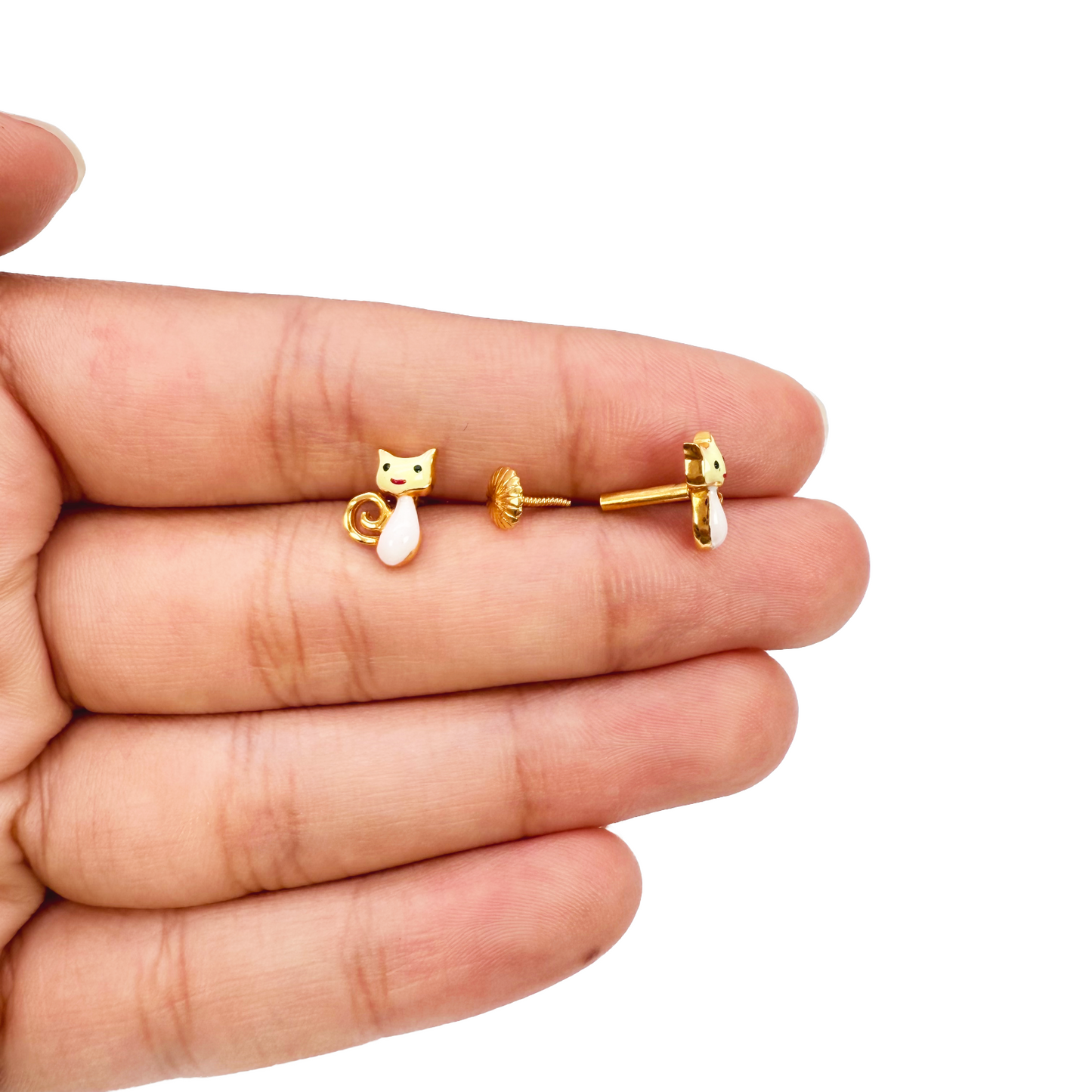 22ct Yellow Gold Cute Enamel Cat Children's Pendant And Earrings Set