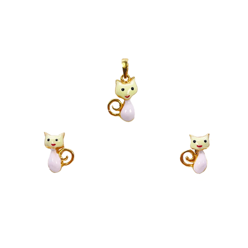22ct Yellow Gold Cute Enamel Cat Children's Pendant And Earrings Set