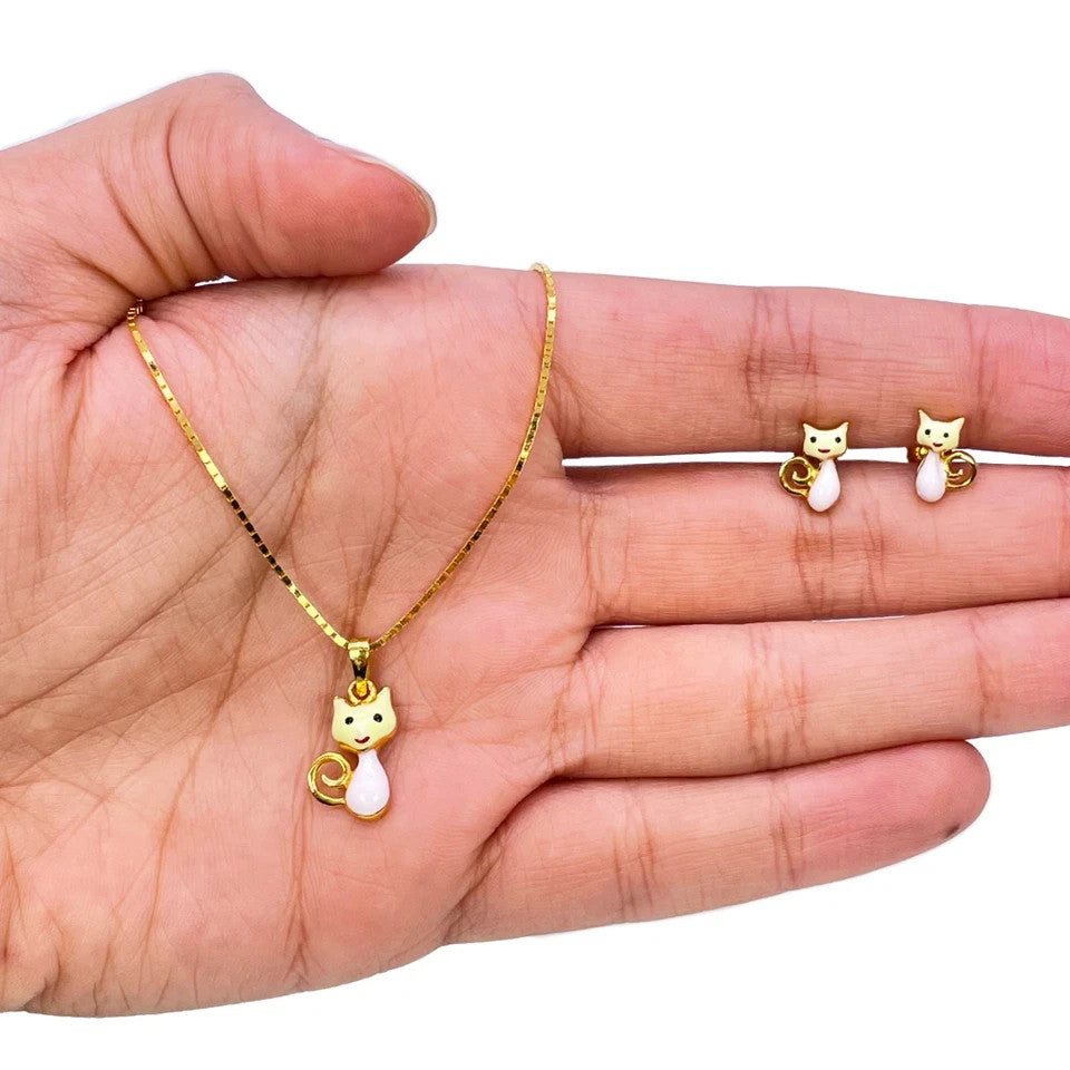 22ct Yellow Gold Cute Enamel Cat Children's Pendant And Earrings Set