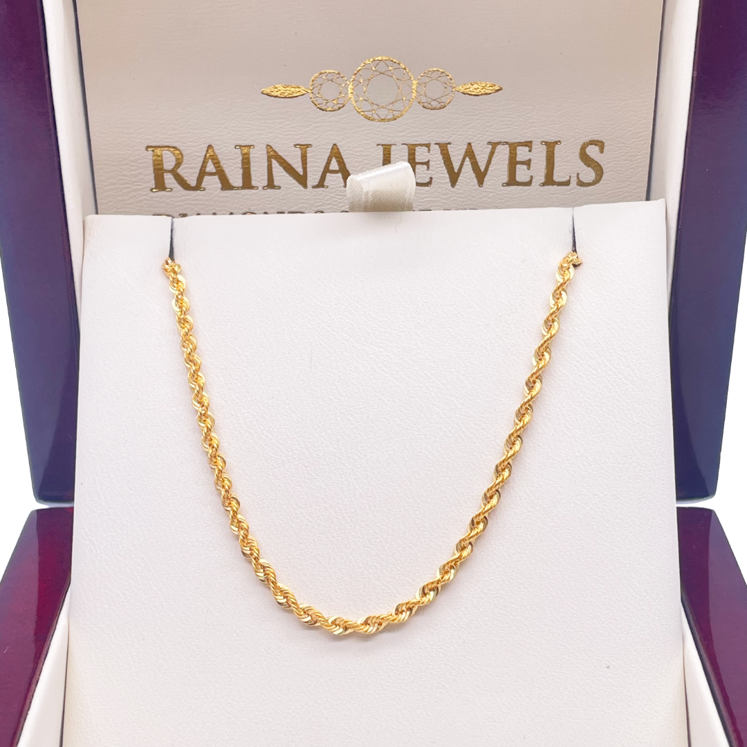 22ct Yellow Gold Lightweight Hollow Rope Chain Necklace 20 Inches 2.2mm Width