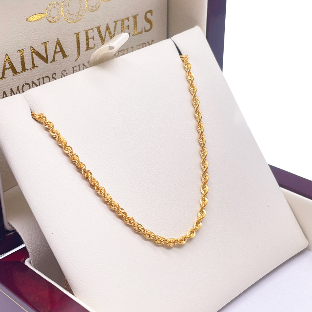 22ct Yellow Gold Lightweight Hollow Rope Chain Necklace 20 Inches 2.2mm Width