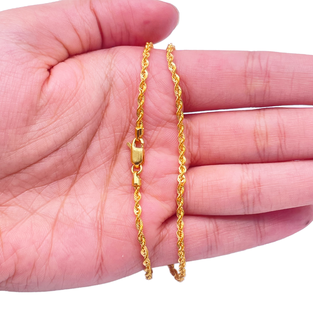 22ct Yellow Gold Lightweight Hollow Rope Chain Necklace 20 Inches 2.2mm Width