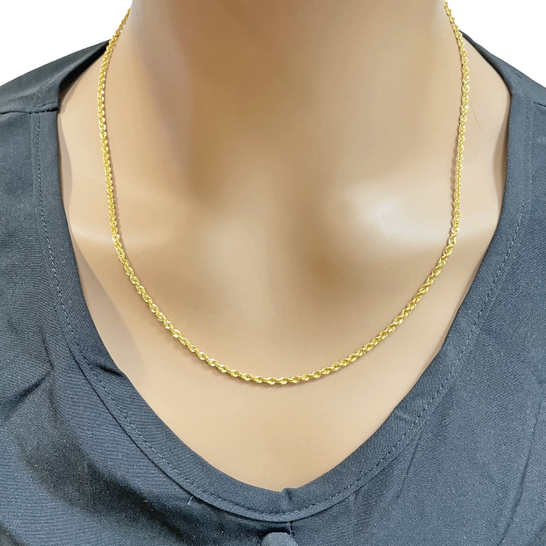 22ct Yellow Gold Lightweight Hollow Rope Chain Necklace 20 Inches 2.2mm Width