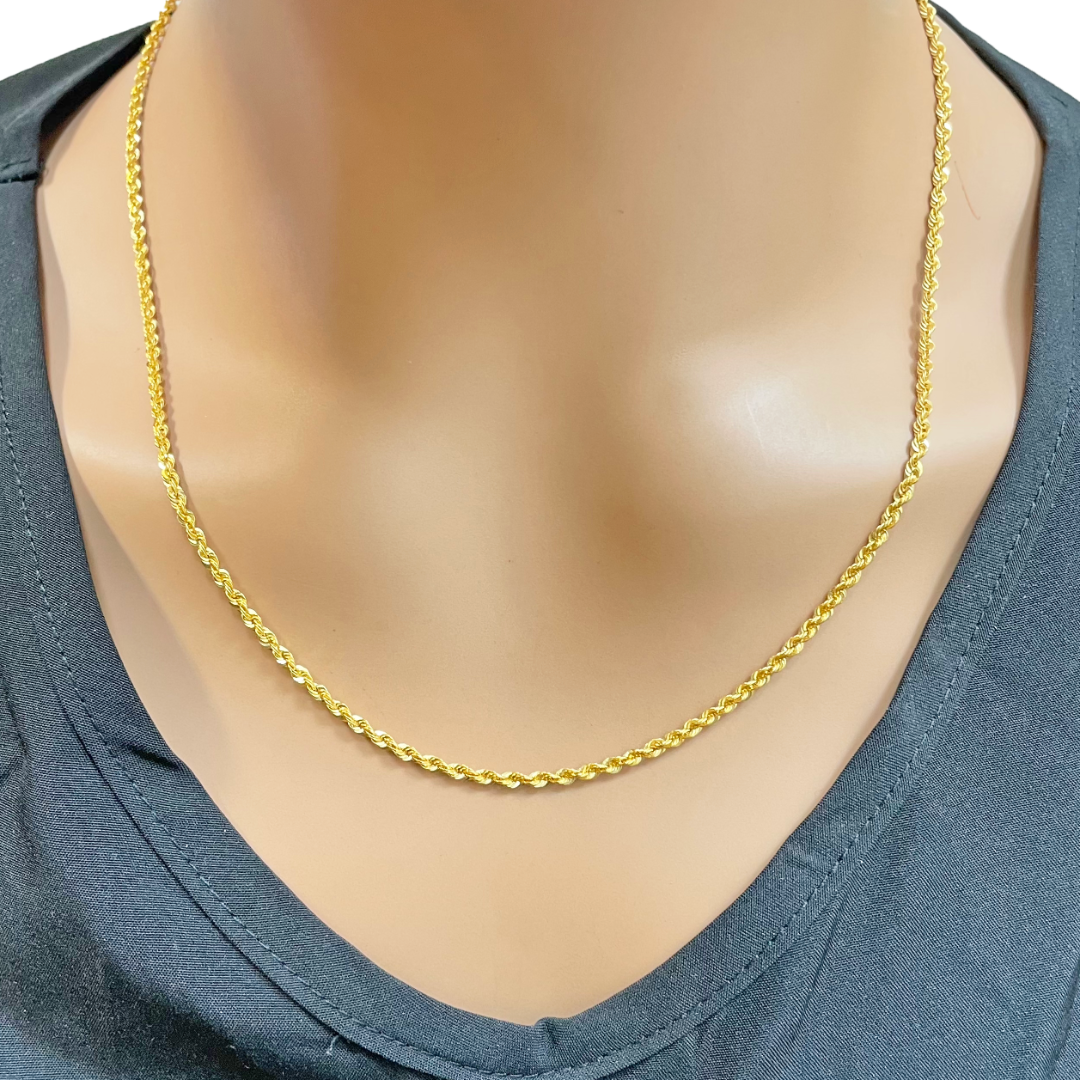 22ct Yellow Gold Lightweight Hollow Rope Chain Necklace 20 Inches 2.2mm Width
