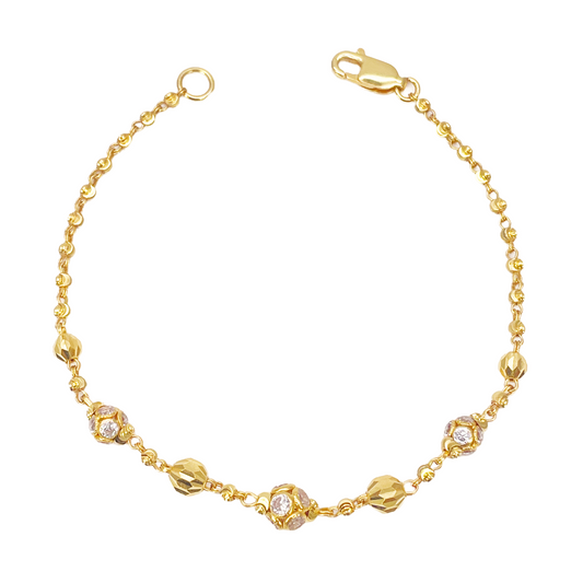 22ct Yellow Gold Sparkly Cubic Zirconia Glitter Ball & Diamond Cut Beads Ladies Bracelet