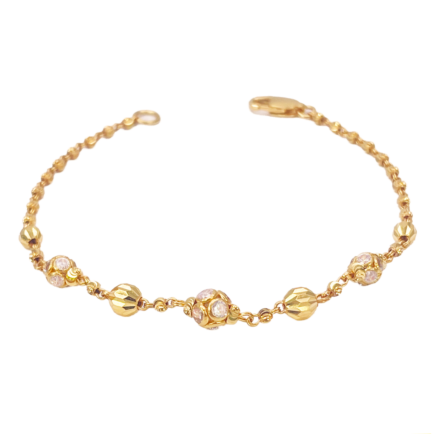 22ct Yellow Gold Sparkly Cubic Zirconia Glitter Ball & Diamond Cut Beads Ladies Bracelet