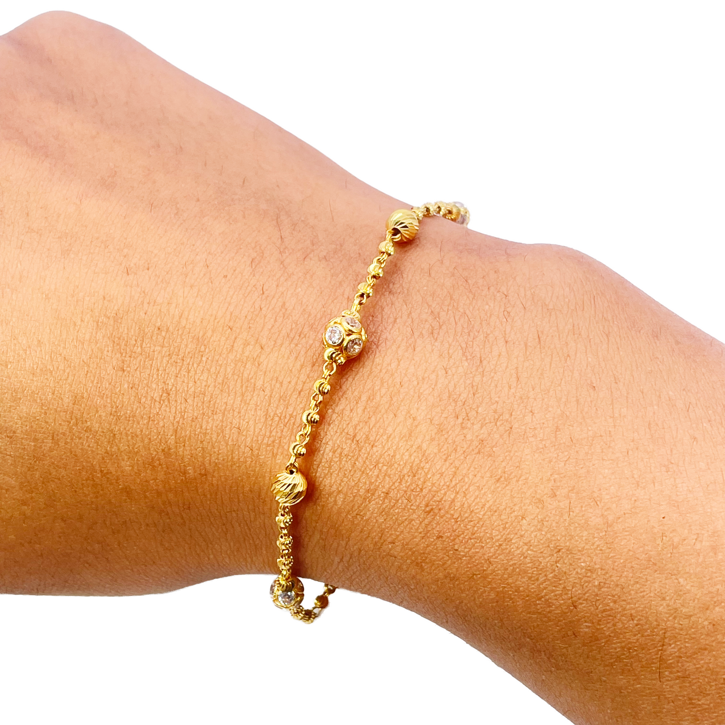 22ct Yellow Gold Sparkly Cubic Zirconia Glitter Ball & Diamond Cut Beads Ladies Bracelet